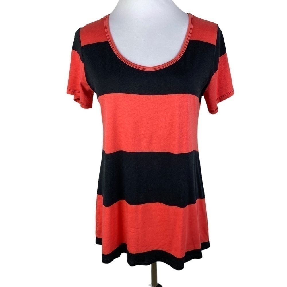 LuLaRoe Colorblock Striped Rounded Back Scoop Blouse Women's Small Orange‎ Black